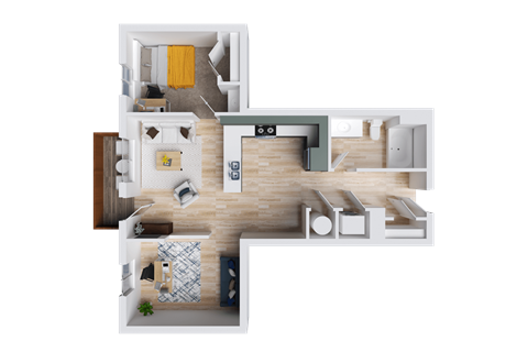 Floor plan for 2 beds, 1 bath, 729 sqft